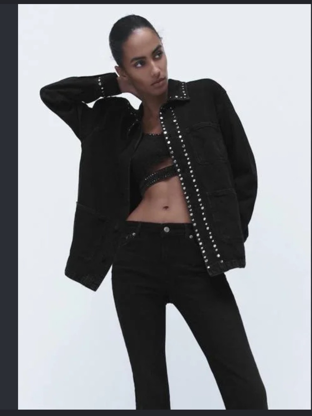 Zara Black Stud-Detail Denim Jacket